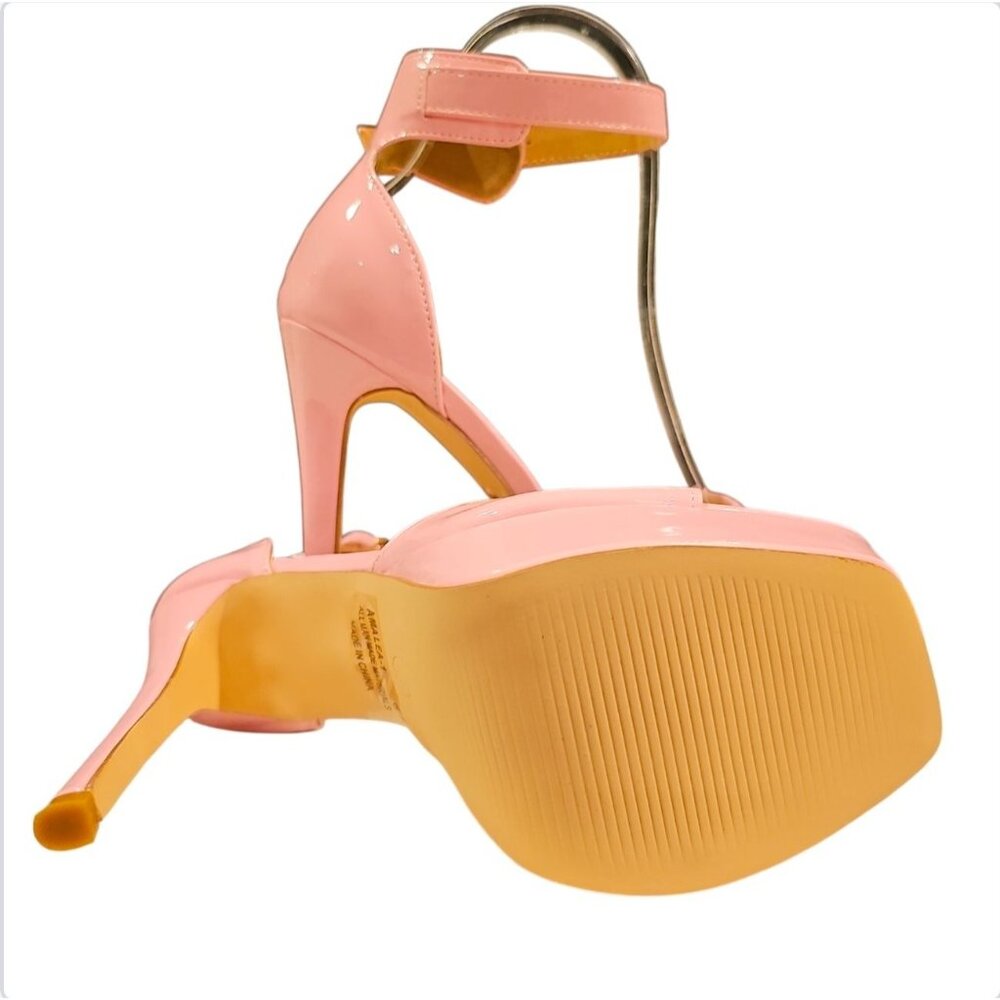 Pink Patent Platform Stiletto Heels With Ankle Strap Open Toe Square Sole Design - Picture 5 of 6